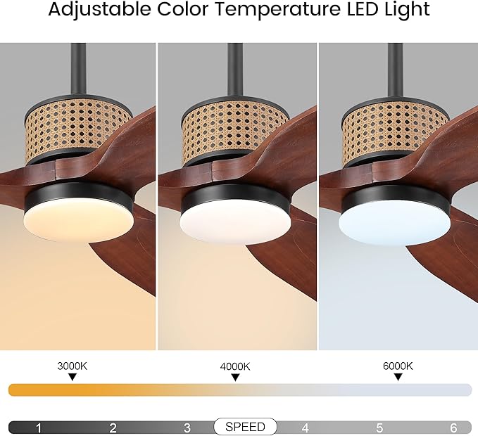 52" Ceiling Fan with Light and Remote, 3 Solid Wood Blades, Noiseless Reversible DC Motor Ceiling Fan with 4.5"/12" Downrods for Bedroom/Living Room/Porch (Black/Walnut)