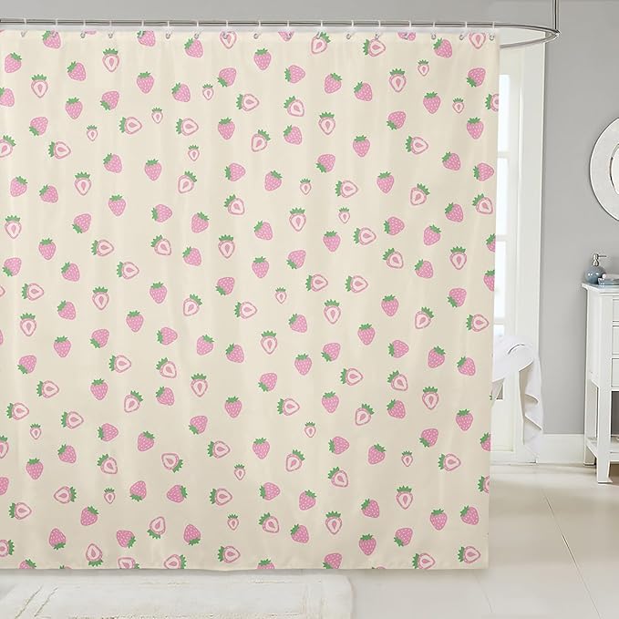 Feelyou Strawberry Fabric Shower Curtain Ivory White Shower Curtain for Kids Boys Girls Kawaii Fruit Bathroom Waterproof Accessories with 12 Hooks Cute Curtains,72x72 Inches
