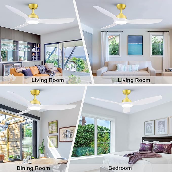 Sevenine Ceiling Fan with Light,White Gold Ceiling Fan,3 Blades,Downrod,6 Speed Adjustable,Dimmable LED,3 Timers,Reversible DC Motor, for Patio Living Room Bedroom Dining Room (White Gold, 52)
