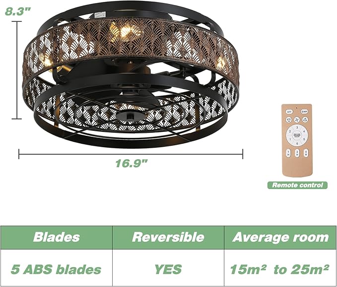 Low Profile Caged Ceiling Fan With Light&Remote, 17" Flush Mount Farmhouse Ceiling Fan, Enclosed Rustic Ceiling Fan with Reversible Motor, Black and Gold Industrial Ceiling Fixture for Bedroom/Kitchen