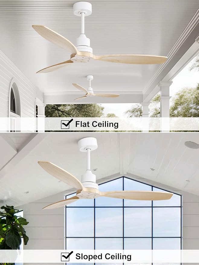 Sofucor 52" Ceiling Fan no Light with 3 rods, Outdoor Ceiling Fan without Light, Modern Ceiling Fan with Remote and Quiet Energy Saving Motor, 6 Speeds, Light Wood Blade & White Downrod