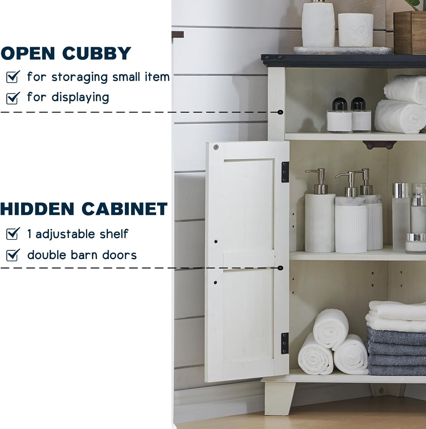 Corner Bathroom Cabinet, Farmhouse Small Corner Cabinet with Barn Door & Adjustable Shelf, Storage Cabinets for Bathroom, Kitchen, Living Room, Off White