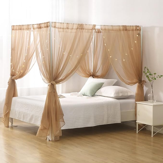 Princess Chiffon Bed Canopy, Canopy Curtains for Queen Bed Adults, 4 Post Bed Drapes Room Decor(Light Coffee)
