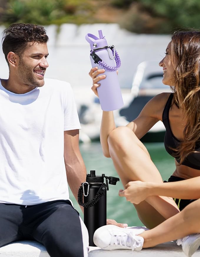 32/40/64 oz Insulated Water Bottle with Straw & Spout Lids, Paracord Handle, Bottle Holder with Strap, 40 oz Stainless Steel Water Bottle Cold for 48H, Vacuum Metal Thermal Flask for Work Travel