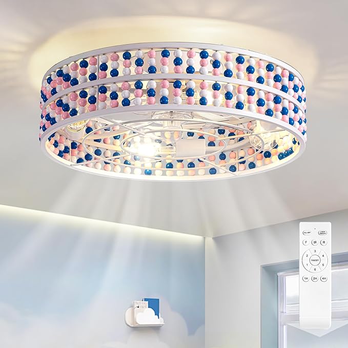 Moooni Colorful Wood Beaded Ceiling Fan with Light 19 inch Boho Wood Beaded Fandelier 6 Speed Flush Mount Ceiling Fan with Light Boho Fandelier