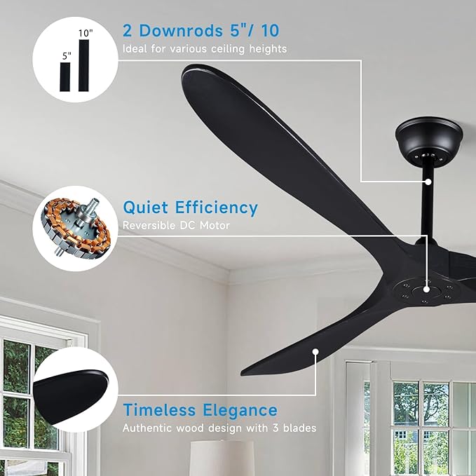 Bigzone 70" Black Ceiling Fan Without Light, 3 Solid Wood Blades, Outdoor Ceiling Fan with Remote, Reversible Motor
