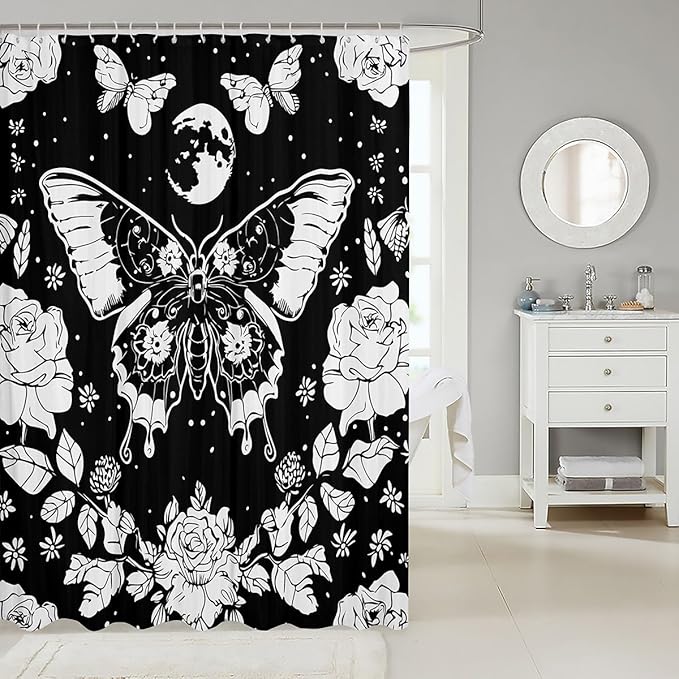 Feelyou Moon Butterfly Shower Curtain Bohemian Moth Fabric Curtain Kids Boys Girls Galaxy Floral Botanical Bathroom Waterproof Accessories with 12 Hooks Boho Exotic Style Black Curtains,72x84 Inches