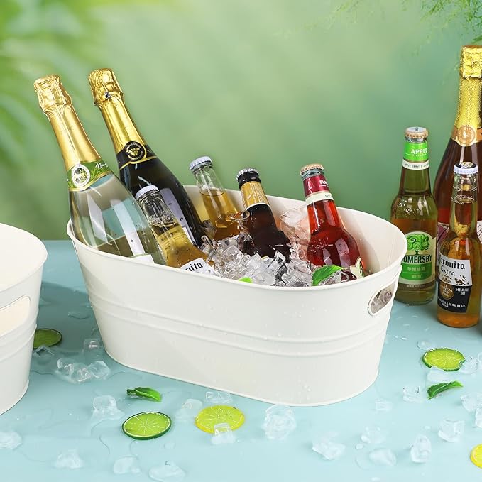 3 Pcs Galvanized Tub 3 Gallon Ice Bucket Large Metal Bucket for Parties Beverage Tub with Handles for Champagne Cocktails Wine Cooling for Mimosa Bar Supplies (White)