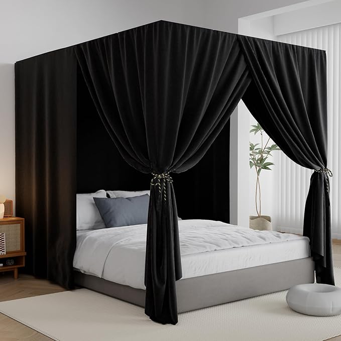 Black Canopy Bed Curtains - 4 Corner Post Bed Curtains Full Lightproof Drapes Bed Canopy Curtains with Tie Backs for Adults & Girls Bedroom Decoration(Black,Full)