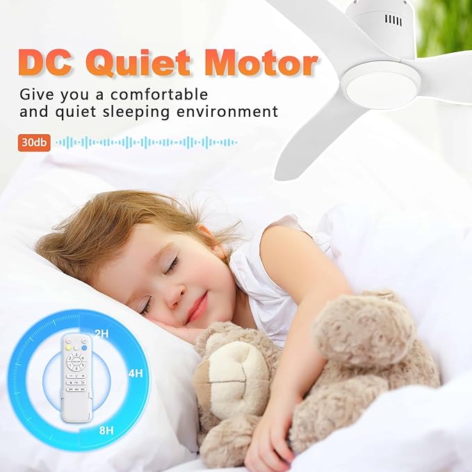 White Ceiling Fan with Light Remote 52in 6Speed Silent Reversible Motor 3CCT Dimmable LED Flush Mount Low Profile Fan Timer Memory Function Modern Plastic Blade Vacation Mode Indoor Outdoor
