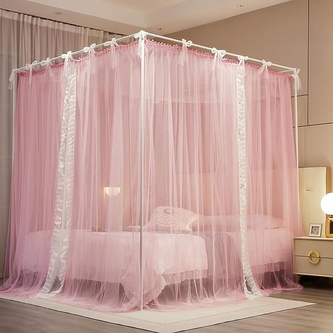 4 Corners Post Princess Curtain Bed Canopy Lace Up Double Layer 4 Opening Mosquito Net Mesh for Girls Bedroom Decoration(Pink/White, 59" W*82" L*82" H/Queen)