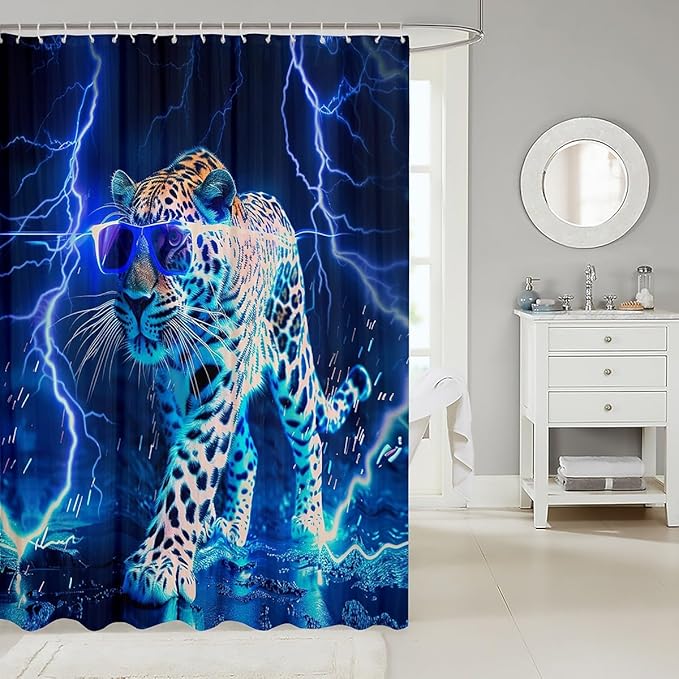 Feelyou Wild Animal Leopard Shower Curtain Leopard Bath Curtain Blue Leopard Bathroom Shower Curtain Set for Boys Girls Wild Leopard Kids Bathroom Accessories Wildlife 72"x78"
