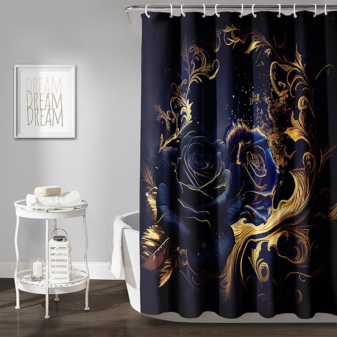 AILONEN Blue Rose Shower Curtain 72"W*78"H for Bathroom,Mystic Blue Gold Flower Glitter Rose Print Bath Curtain,Girls Women Teen Adults Bath Curtain Polyester Waterproof Shower Curtain With 12 Hooks