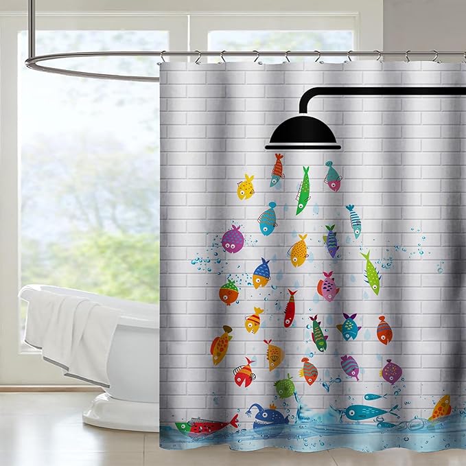 AILONEN Cute Fish Shower Curtain for Kids 72" W*84" H Inch,Raining Fish Playing Water Shower Curtains,12 Pack Hooks Polyester Waterproof Fabric Decor for Bathroom Bathtub Panels