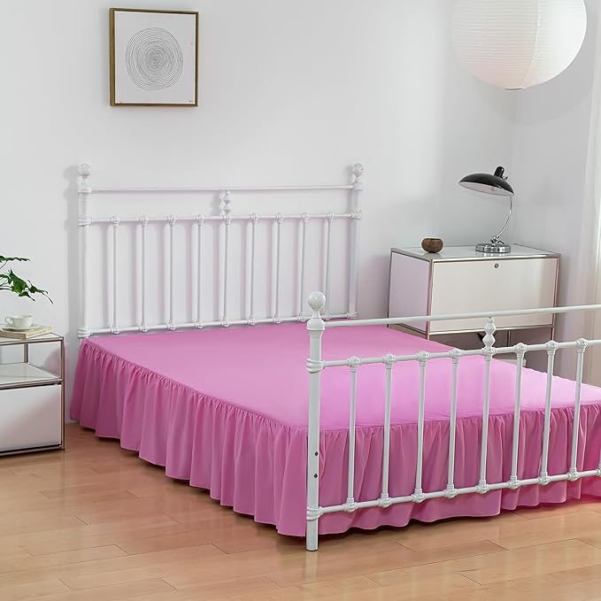 Bed Skirt Twin Size Ruffled Bed Skirt with Split Corners, 14 Inch Drop Dust Ruffle Bed Skirt with Platform, Twin,14 Inch Drop, Pink