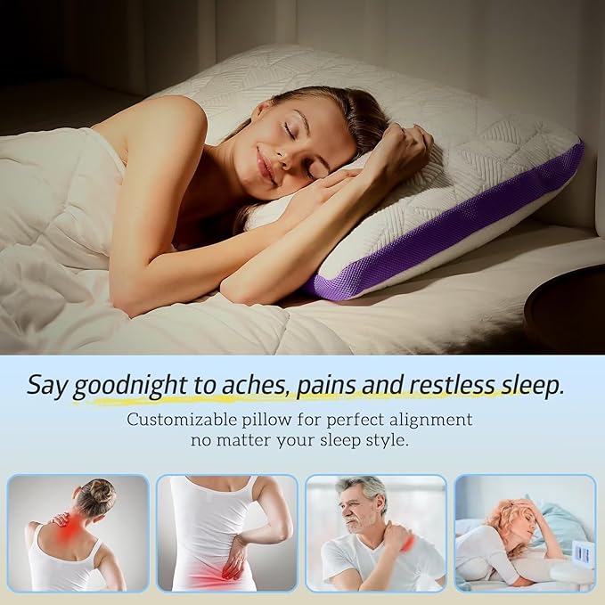BETU Cooling Pillow Queen Size, Shredded Memory Foam Cool Pillow for Hot Sleepers, Adjustable Firm Soft Support Bed Pillows Perfect for Back Neck Pain and Side Sleeping with Pillow Case Cover, Purple