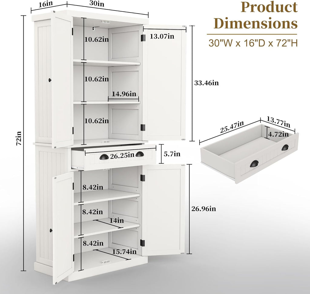 ARTPOWER 72" Tall Kitchen Pantry Storage Cabinet with Drawer and Adjustable Shelves, Pantry Cabinet for Kitchen, Bathroom or Hallway, White