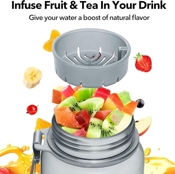 32oz/26oz Motivational Water Bottle with Time Marker & Fruit Strainer, Leak-proof BPA Free Non-Toxic 1l Bottle with Carrying Strap, Perfect for Fitness, Gym and Outdoor Sports, Plastic