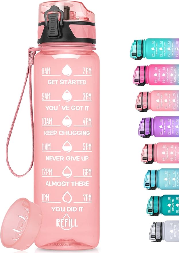 32oz/26oz Motivational Water Bottle with Time Marker & Fruit Strainer, Leak-proof BPA Free Non-Toxic 1l Bottle with Carrying Strap, Perfect for Fitness, Gym and Outdoor Sports Plastic
