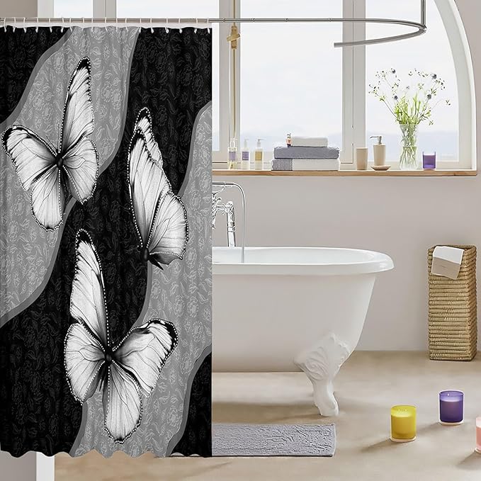 Feelyou Butterfly Shower Curtain 72"x84" Kids Butterflies Botanical Floral Print Bathroom Shower Curtain Set for Boys Girls Teens Geometric Stripes Bath Curtain Black White Bathroom Accessories