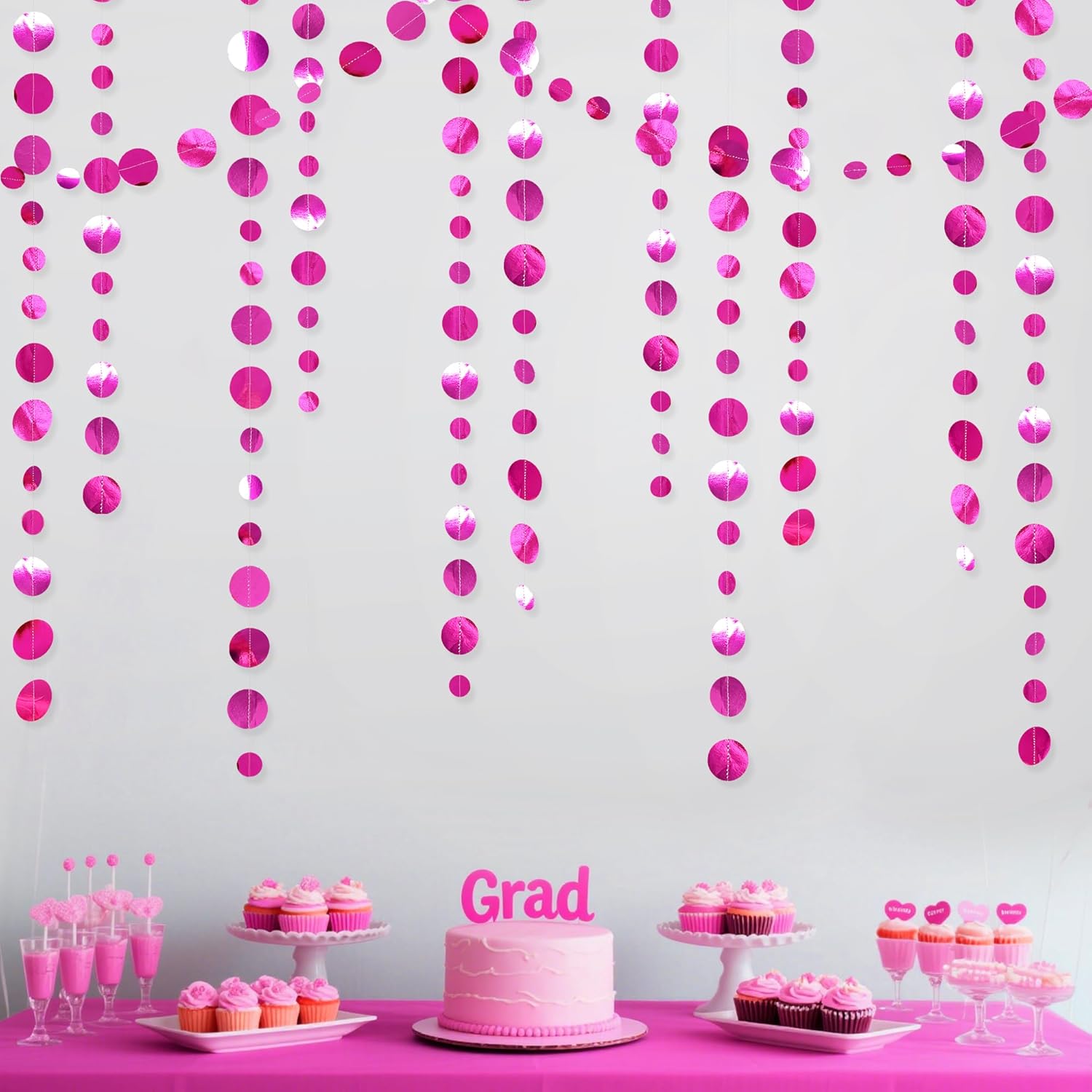 Hot Pink Party Decorations Circle Dots Garland Metallic Rose Pink Hanging Paper Polka Dots Streamer for Bachelorette Birthday Engagement Wedding Bridal Shower Anniversary Baby Shower Party Supplies