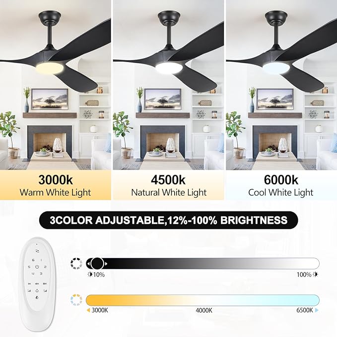 72" Ceiling Fans with Lights, 72 inch Ceiling Fan with Lights, High cfm Quiet 3 Blade Wood Walnut Ceiling Fan, Large Modern Ceiling Fan with Remote, Propeller Fans for Patios,Matte Black
