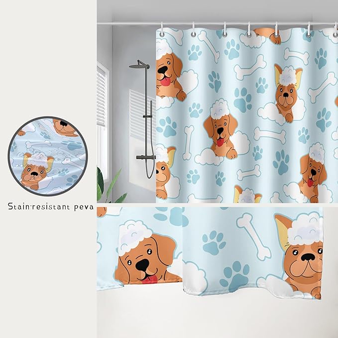 AILONEN Cute Dog Shower Curtain,Cute Bulldog Labrador Dog Print Shower Curtain, 72" W*78" H Waterproof Happy Shower Puppy Dog Lover Curtain with Grommets and 12 Hooks