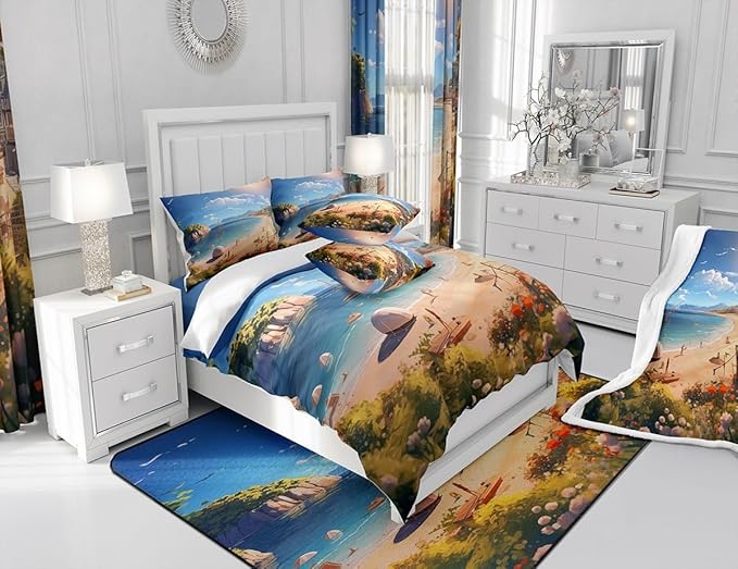 Feelyou Beach Shower Curtain Kids Beach Ocean Fabric Shower Curtain Nutrue Theme Bathroom Waterproof Accessories with 12 Hooks for Women Men Summer Holiday Curtains,72x72 Inches