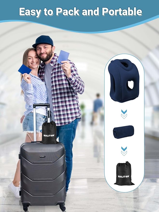 Maliton Inflatable Travel Pillow for Airplane Comfortable Sleeping to Relieve Neck and Shoulder Pain, Support Head Inflatable Pillow for Long Flights, Used for Airplanes, Cars, Trains, Office(Blue)