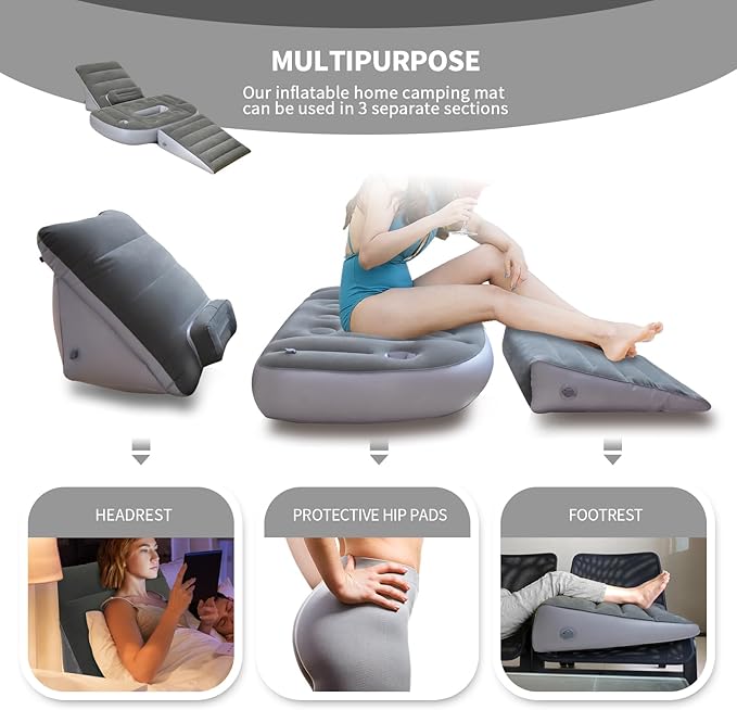Inflatable 3pcs Bed Wedge Pillow Set Bed with Hole for Back, and Leg Pain Relief - Adjustable Pillows for Acid Reflux, GERD, Sleeping, Sitting - Restful Sleep and Travel Companion (Gray)