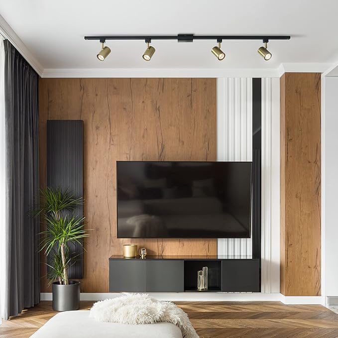 Globe Electric Tribeca 56 Inch Matte Black 4-Light Adjustable Track Ceiling Lighting Kit Fixture with Brass Cylindrical Track Heads, Ideal for Kitchen Island, Compatible with LED Bulbs, 64000009