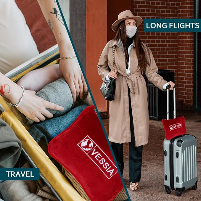 Vessia Travel Blanket for Airplane, Train and Car, Warm and Soft Travel Blanket in Bag for Adults and Kids, Portable Compact Long Flight Blanket with Luggage Sleeve, Backpack Clip(Red)