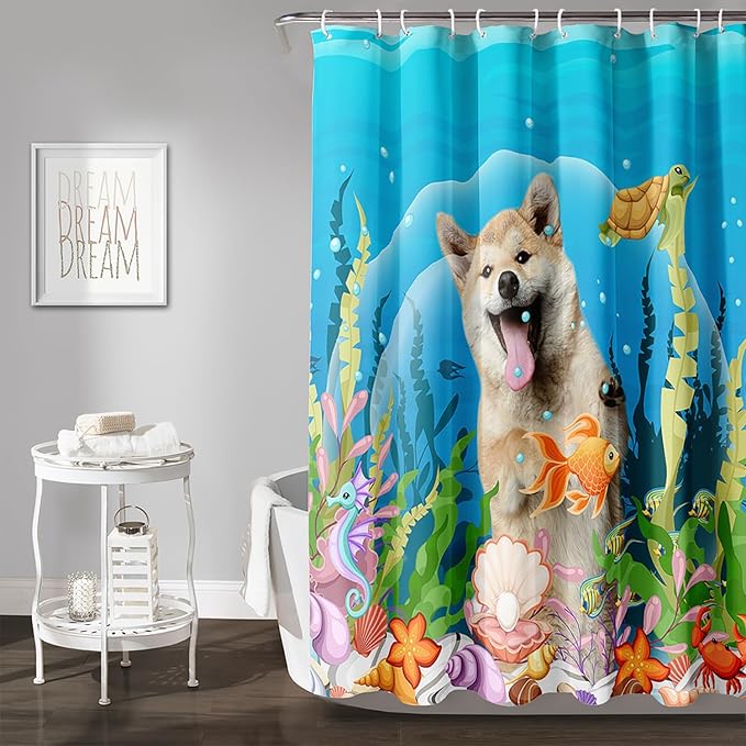 AILONEN Cute Dog Shower Curtain for Boys Girls, Pet Puppy Dog Lover Shower Curtain, 72" W*96" H Waterproof Animal Turtle Fish Ocean Themed Shower Curtain Decor Bathroom with Grommets and Hooks