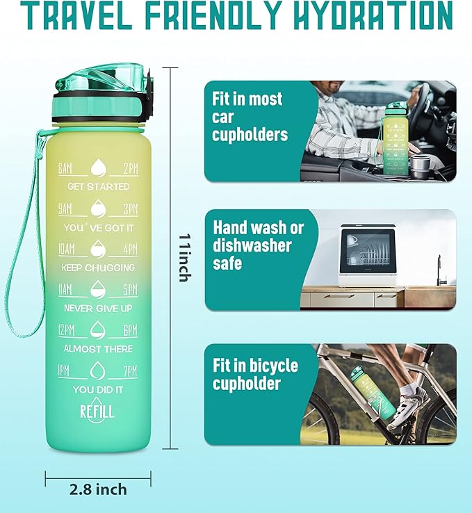 32oz Motivational Water Bottle with Time Marker & Fruit Strainer, Leak-proof BPA Free Non-Toxic Bottle with Carrying Strap, Perfect for Fitness, Gym and Outdoor Sports