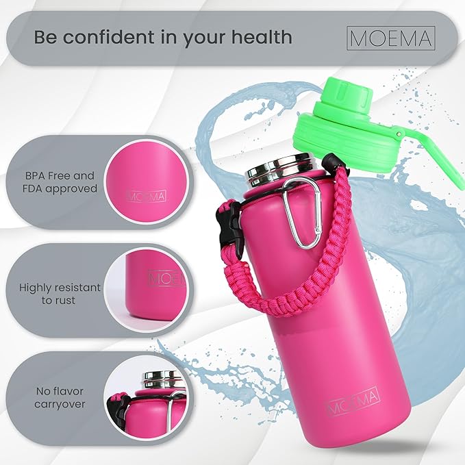 32oz Insulated Water Bottle with Paracord Handle and Straw, Stainless Steel Cup with 2 Lids & Straw, BPA-Free, Thermo Bottle Double Wall Vacuum Insulation, for Gym, Sports (Glamour Pink)
