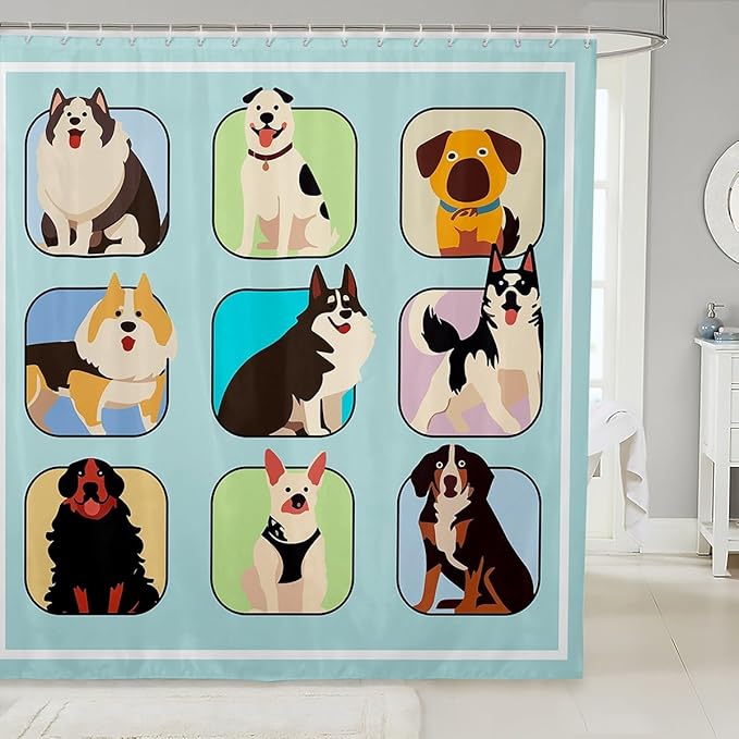 Feelyou Dog Shower Curtain Cartoon Dog Bath Curtain for Kids Toddler Boys Girls Cute Dog Bathroom Shower Curtain Set Sausage Dog Kids Bathroom Accessories 72"x84"
