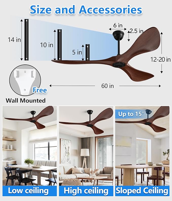 60 Inch Ceiling Fan with Remote,Ceiling Fan no light for Indoor/Outdoor,6 Speed Noiseless Reversible DC Motor,Easy to Install Modern Ceiling Fan with Timer for Living Room Bedroom Farmhouse,Patios