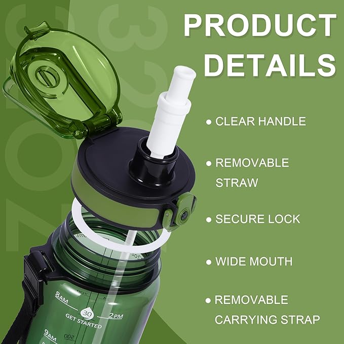 32 oz Water Bottle with Detachable Straw, Clear Motivational Water Bottles with Time to Drink, Tritan & BPA Free Sports Water Jug with Time Marker, Upgraded handle design