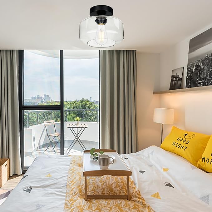 Industrial Semi Flush Mount Ceiling Light, 800 Lumen LED Bulb Included, Clear Glass Shade Ceiling Light Fixture, Farmhouse Light Fixture for Hallway Corridor Kitchen Bathroom Bedroom Passway