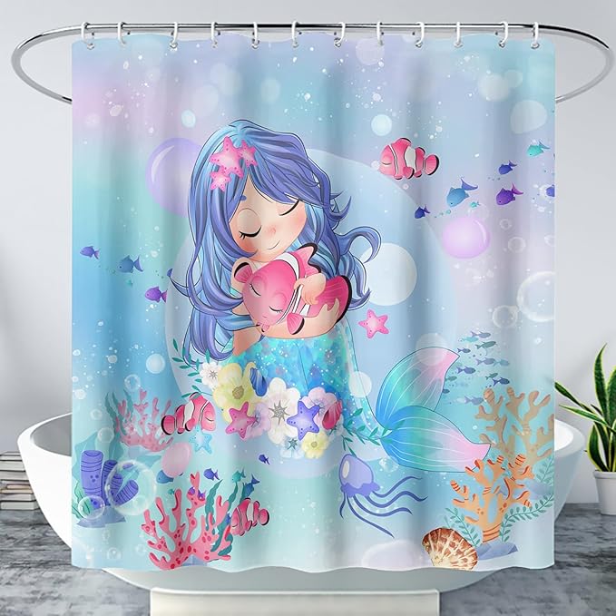 AILONEN Beautiful Mermaid Shower Curtain,Cute Mermaid Bath Curtain for Girls Teens,Ocean Curtain,Cartoon Fish Print Blue Waterproof Curtain for Bathroom Decor, 72" W x 72" H