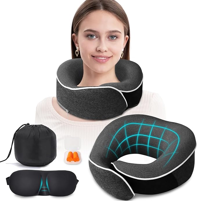 Travel Pillow,Upgraded 100% Memory Foam Neck Pillow for Traveling,Ergonomic Design Soft Best Flight Pillow,Neck Pillow Airplane Kit with 3D Contoured Eye Masks,Earplugs and Luxury Bag (Dark Gray)