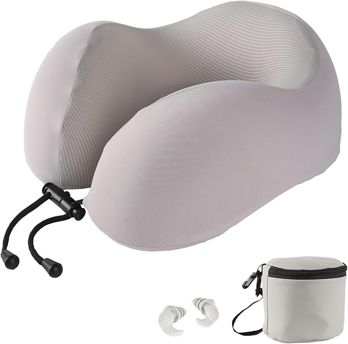 Travel Neck Pillow, Curved Ergonomic Design, Ice Silk Fabric is Comfortable and Breathable, The Pillowcase is Removable. Comes with Portable Storage Bag and Ear Plugs