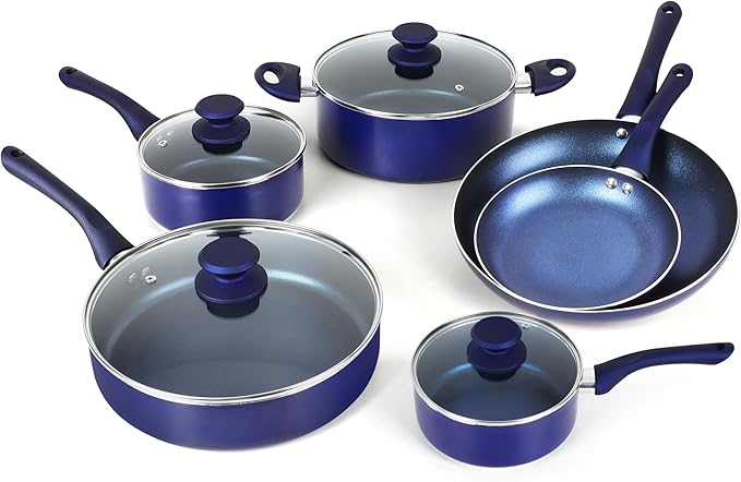 Clockitchen Non Stick Pots and Pan Set, Ceramic Cookware Set with Stay-Cool Handles, 10pcs Blue Induction Cooking Set Suitable for Gas, PFOA Free