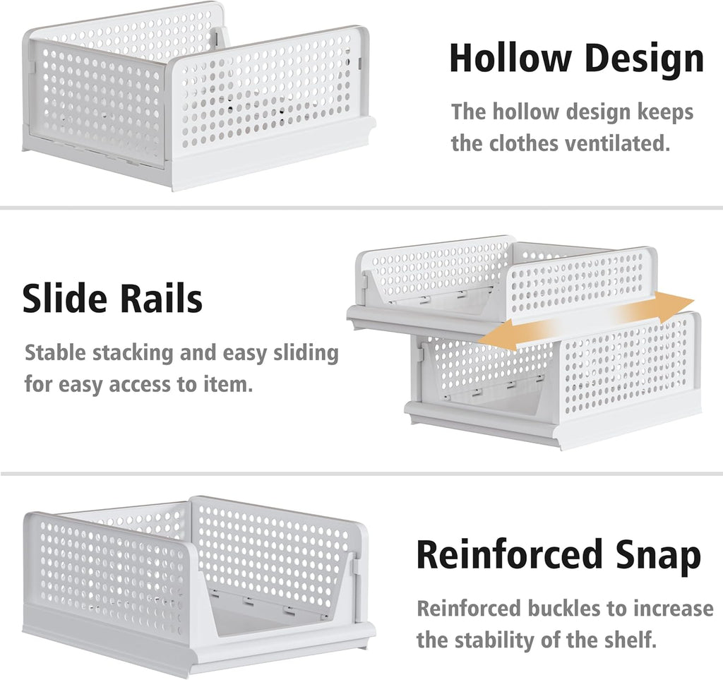 5 Pack Stackable Plastic Storage Basket Closet Organizer Bin Foldable Clothes Organizer Storage Drawer Shelf Container for Living room Bathroom Kitchen Office (4L+1S)