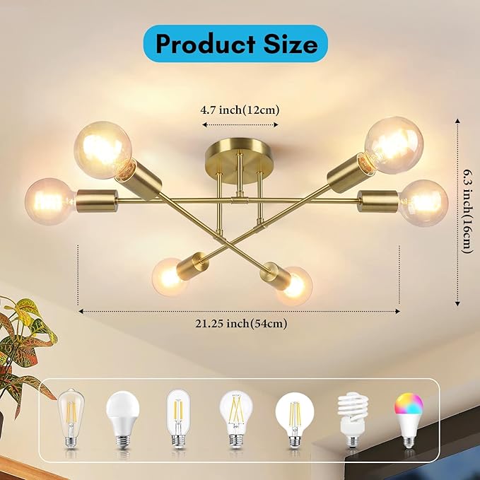 Modern Sputnik Chandelier 6-Light Industrial Ceiling Lights Fixture Gold Semi Flush Mount Ceiling Light Fixture with E26 Base Sputnik Lights Fixture for Dining Room Bedroom Foyer Hallway Living Room