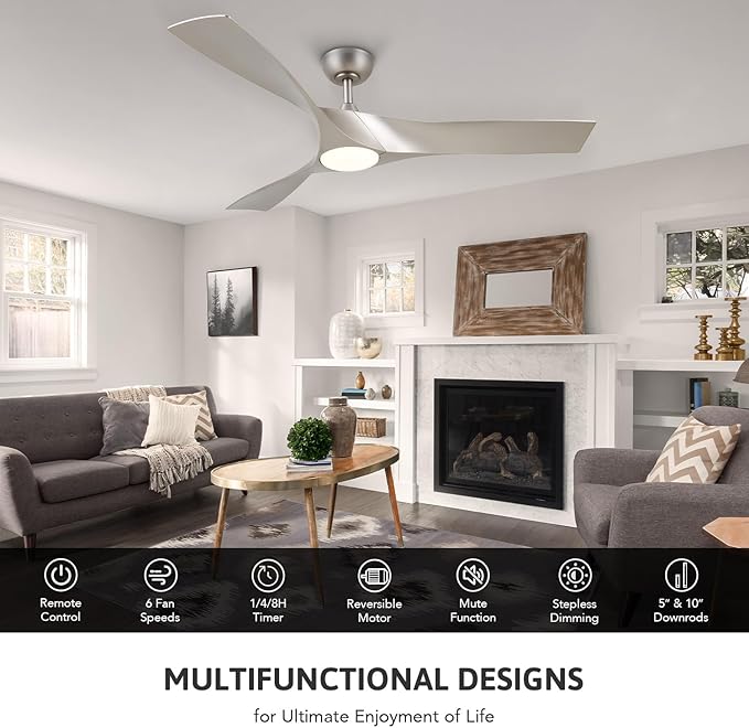 VONLUCE Ceiling Fans with Lights, 52 inch Ceiling Fan with Remote, 3 Blades, Noiseless 6-Speed Reversible DC Motor, Modern Ceiling Fan for Farmhouse Patio Bedroom Living Room, Nickel with Light