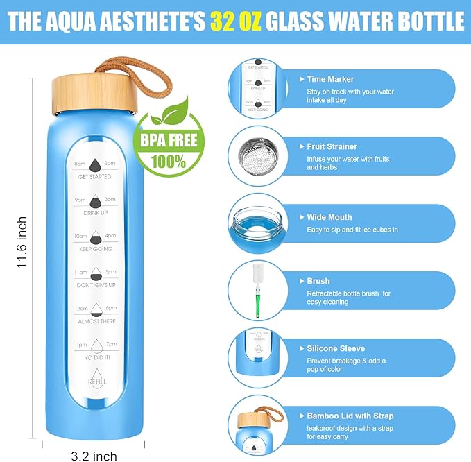 32 Oz Borosilicate Glass Water Bottle with Times to Drink | BPA Free - Reusable Wide Mouth Glass Motivational Water Bottles with Infuser & Silicone Sleeve (azure)