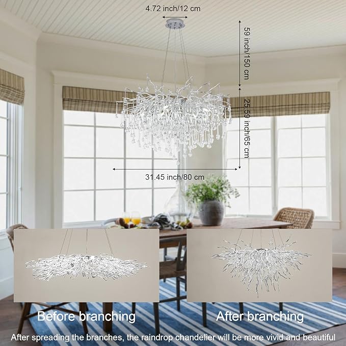 Crystal Chandeliers,Round Modern Tree Branch Chandelier,10-Light Farmhouse Raindrop Chandelier Light Fixture for Dining Room, Kitchen Island D31.5