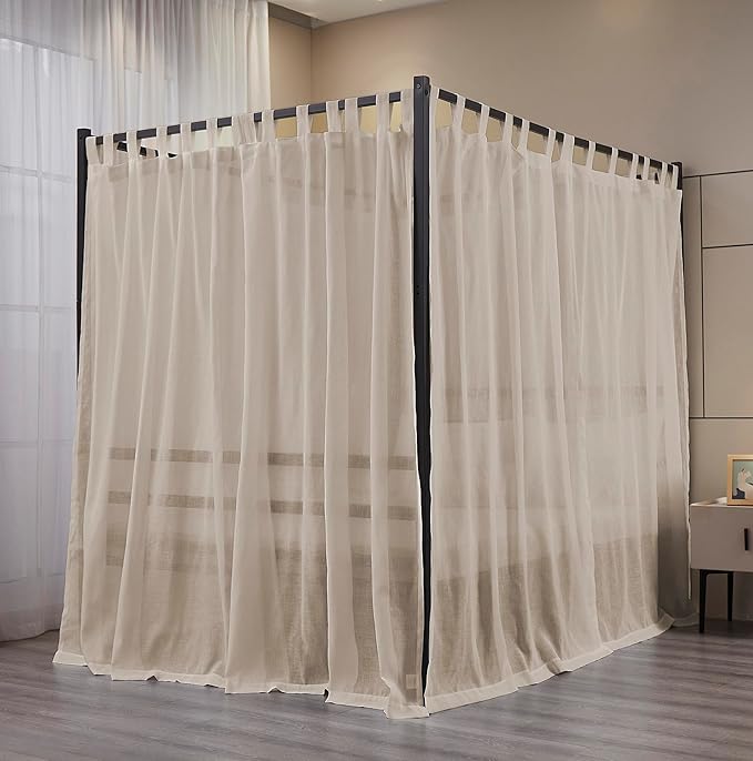 Mengersi Linen Canopy Bed Curtains for Twin,Full,Queen and King Size Bed,Bed Canopy Natural Blended Curtain Panels, 8 Panels Set (All Bed Sizes, Linen)