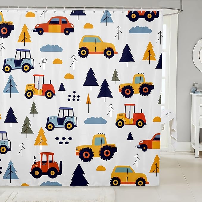 Feelyou Excavator Shower Curtain Cartoon Car Bathroom Shower Curtain Set Construction Vehicles Bath Curtain for Kids Boys Girls Equipment Trucks Kids Bathroom Accessories 72"x84"